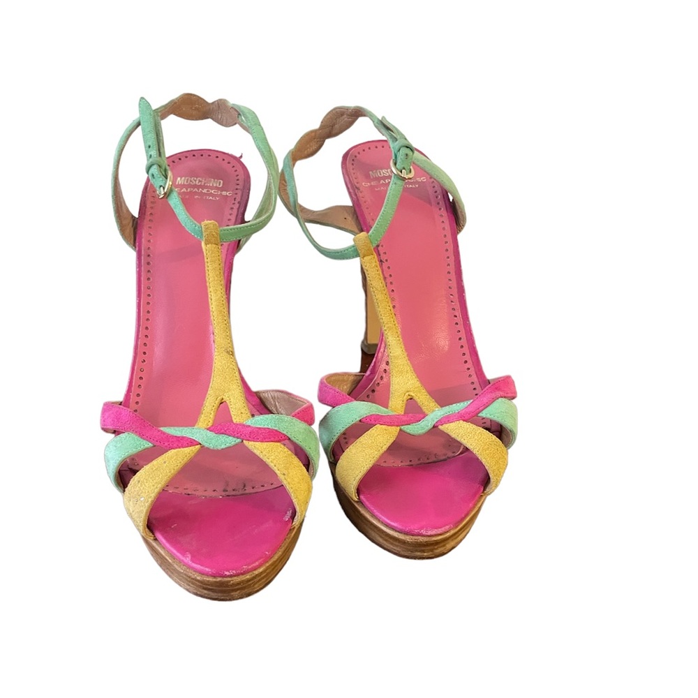 Moschino - colorful wedge sandal. Pink, yellow and green, size 9